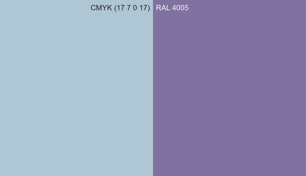 CMYK Color CMYK (17 7 0 17) vs RAL 4005 side by side comparison CMYK Color CMYK (17 7 0 17) vs RAL 4005 side by side comparison