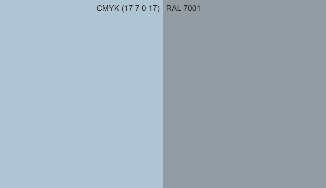 CMYK Color CMYK (17 7 0 17) vs RAL 7001 side by side comparison CMYK Color CMYK (17 7 0 17) vs RAL 7001 side by side comparison