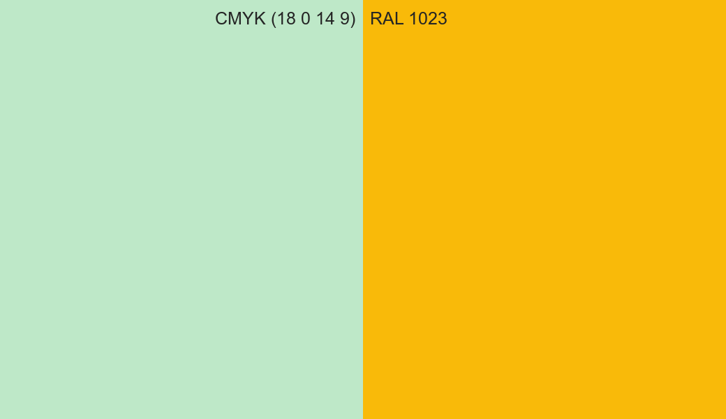 CMYK Color CMYK (18 0 14 9) vs RAL 1023 side by side comparison CMYK Color CMYK (18 0 14 9) vs RAL 1023 side by side comparison