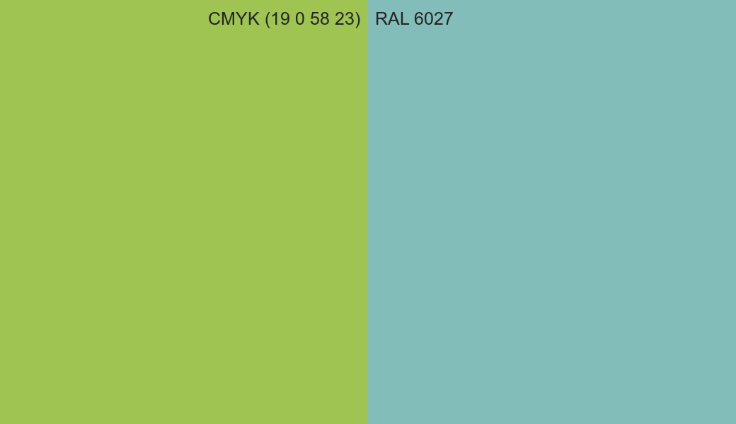CMYK Color CMYK (19 0 58 23) vs RAL 6027 side by side comparison CMYK Color CMYK (19 0 58 23) vs RAL 6027 side by side comparison