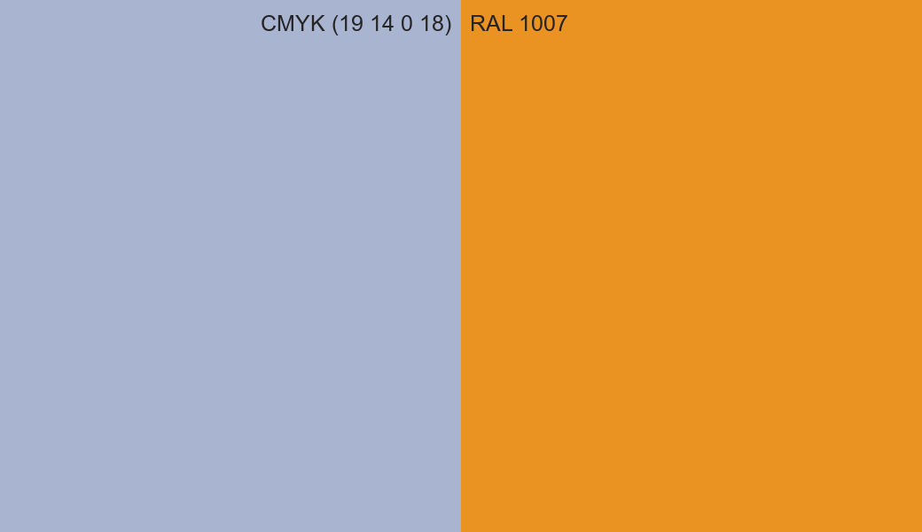 CMYK Color CMYK (19 14 0 18) vs RAL 1007 side by side comparison CMYK Color CMYK (19 14 0 18) vs RAL 1007 side by side comparison