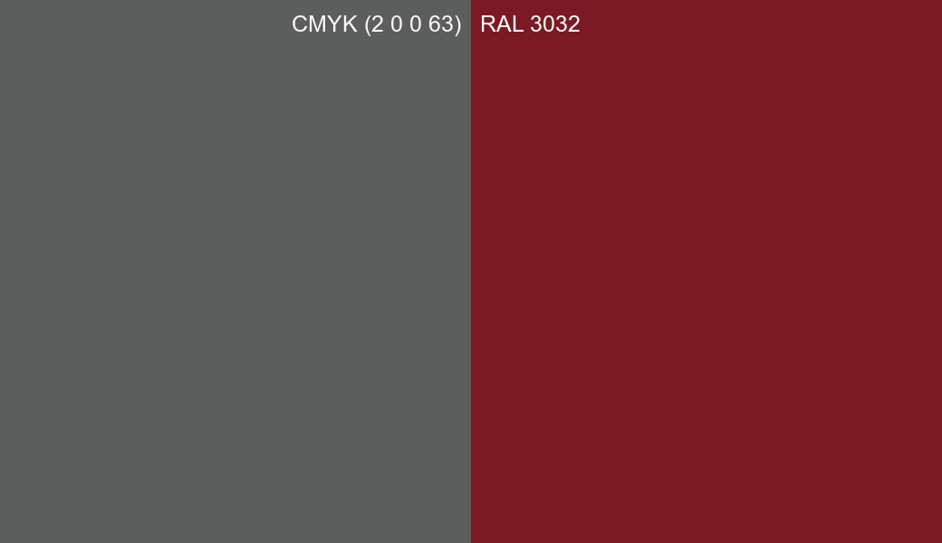 CMYK Color CMYK (2 0 0 63) vs RAL 3032 side by side comparison CMYK Color CMYK (2 0 0 63) vs RAL 3032 side by side comparison