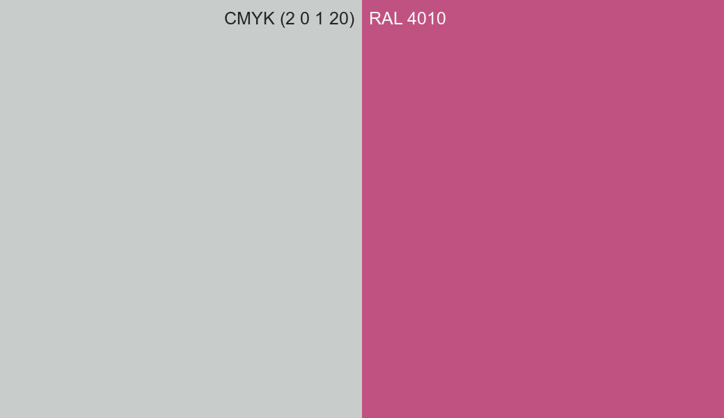 CMYK Color CMYK (2 0 1 20) vs RAL 4010 side by side comparison CMYK Color CMYK (2 0 1 20) vs RAL 4010 side by side comparison