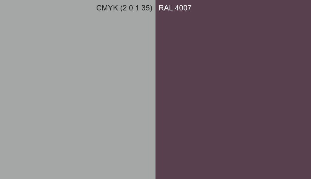 CMYK Color CMYK (2 0 1 35) vs RAL 4007 side by side comparison CMYK Color CMYK (2 0 1 35) vs RAL 4007 side by side comparison
