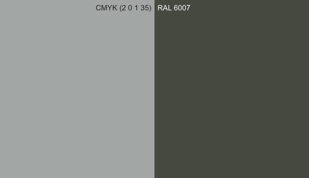 CMYK Color CMYK (2 0 1 35) vs RAL 6007 side by side comparison CMYK Color CMYK (2 0 1 35) vs RAL 6007 side by side comparison