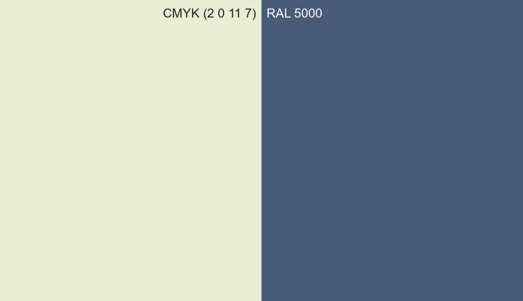 CMYK Color CMYK (2 0 11 7) vs RAL 5000 side by side comparison CMYK Color CMYK (2 0 11 7) vs RAL 5000 side by side comparison