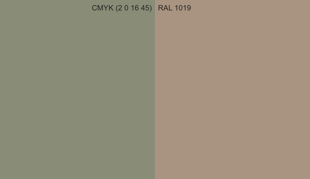 CMYK Color CMYK (2 0 16 45) vs RAL 1019 side by side comparison CMYK Color CMYK (2 0 16 45) vs RAL 1019 side by side comparison