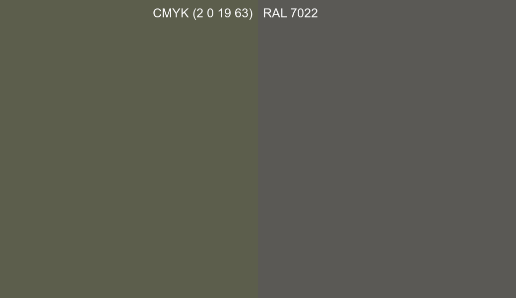 CMYK Color CMYK (2 0 19 63) vs RAL 7022 side by side comparison CMYK Color CMYK (2 0 19 63) vs RAL 7022 side by side comparison