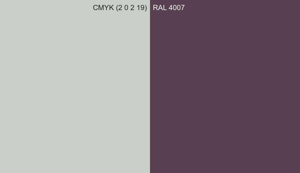 CMYK Color CMYK (2 0 2 19) vs RAL 4007 side by side comparison CMYK Color CMYK (2 0 2 19) vs RAL 4007 side by side comparison