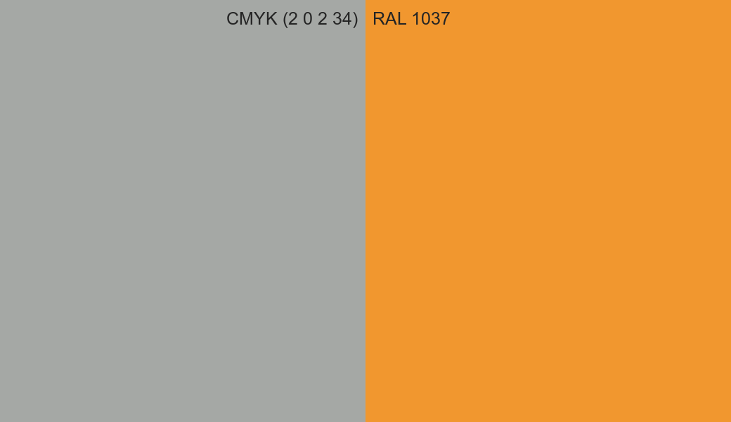 CMYK Color CMYK (2 0 2 34) vs RAL 1037 side by side comparison CMYK Color CMYK (2 0 2 34) vs RAL 1037 side by side comparison
