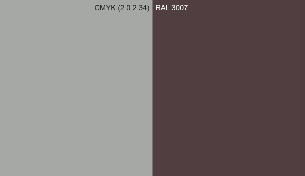 CMYK Color CMYK (2 0 2 34) vs RAL 3007 side by side comparison CMYK Color CMYK (2 0 2 34) vs RAL 3007 side by side comparison