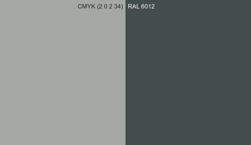 CMYK Color CMYK (2 0 2 34) vs RAL 6012 side by side comparison CMYK Color CMYK (2 0 2 34) vs RAL 6012 side by side comparison