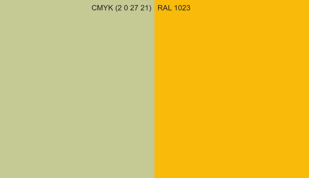 CMYK Color CMYK (2 0 27 21) vs RAL 1023 side by side comparison CMYK Color CMYK (2 0 27 21) vs RAL 1023 side by side comparison
