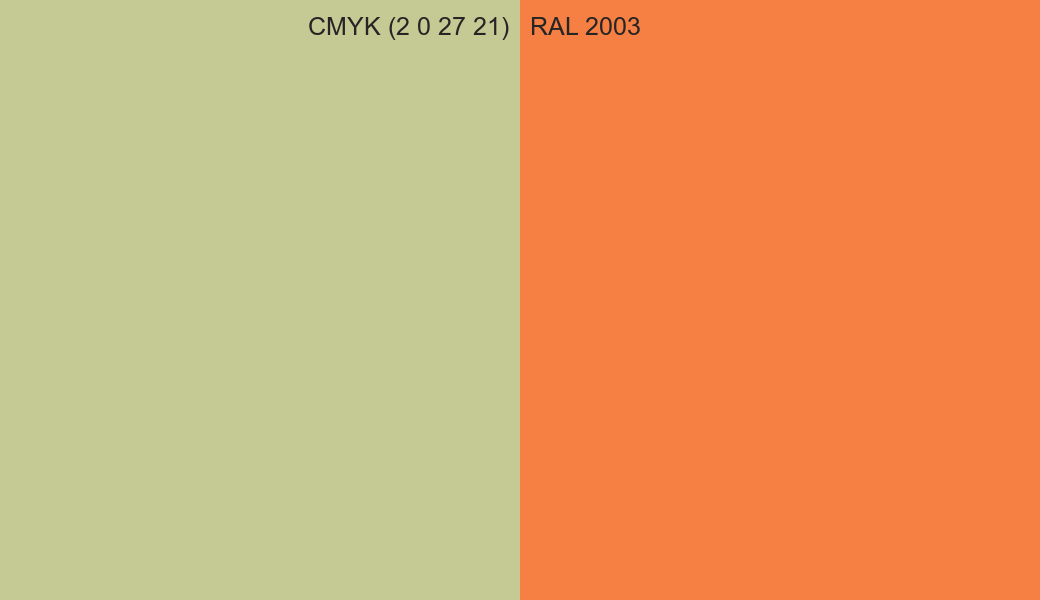 CMYK Color CMYK (2 0 27 21) vs RAL 2003 side by side comparison CMYK Color CMYK (2 0 27 21) vs RAL 2003 side by side comparison