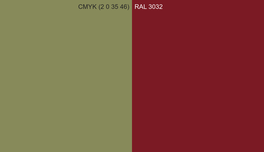 CMYK Color CMYK (2 0 35 46) vs RAL 3032 side by side comparison CMYK Color CMYK (2 0 35 46) vs RAL 3032 side by side comparison