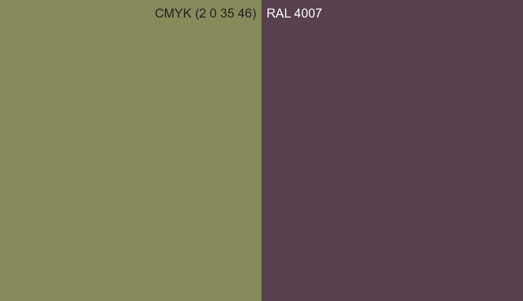 CMYK Color CMYK (2 0 35 46) vs RAL 4007 side by side comparison CMYK Color CMYK (2 0 35 46) vs RAL 4007 side by side comparison