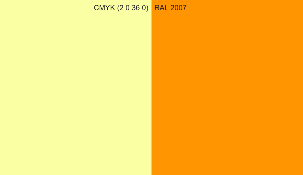 CMYK Color CMYK (2 0 36 0) vs RAL 2007 side by side comparison CMYK Color CMYK (2 0 36 0) vs RAL 2007 side by side comparison