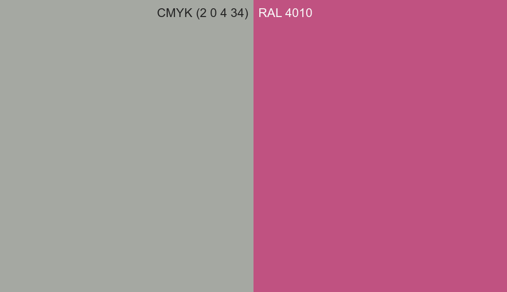 CMYK Color CMYK (2 0 4 34) vs RAL 4010 side by side comparison CMYK Color CMYK (2 0 4 34) vs RAL 4010 side by side comparison