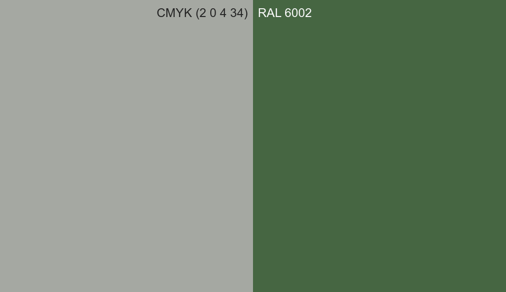 CMYK Color CMYK (2 0 4 34) vs RAL 6002 side by side comparison CMYK Color CMYK (2 0 4 34) vs RAL 6002 side by side comparison
