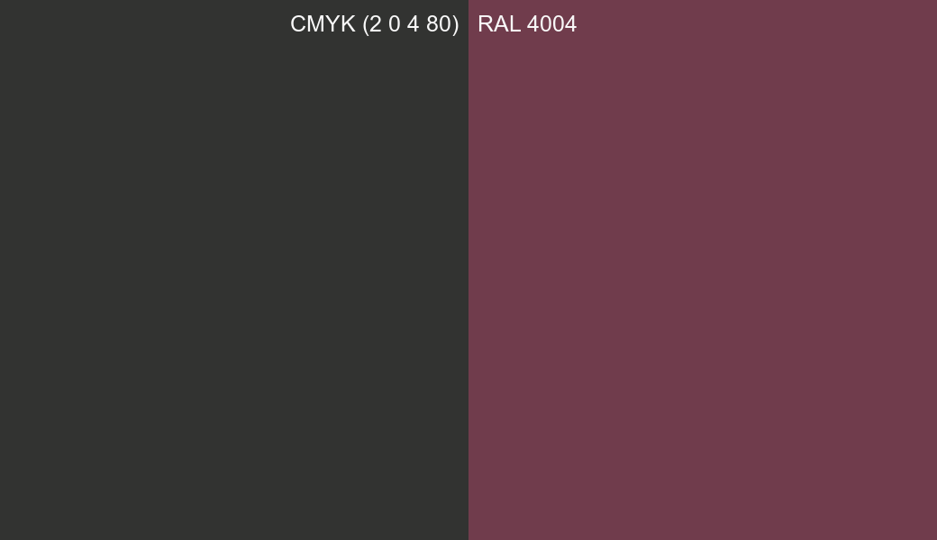 CMYK Color CMYK (2 0 4 80) vs RAL 4004 side by side comparison CMYK Color CMYK (2 0 4 80) vs RAL 4004 side by side comparison