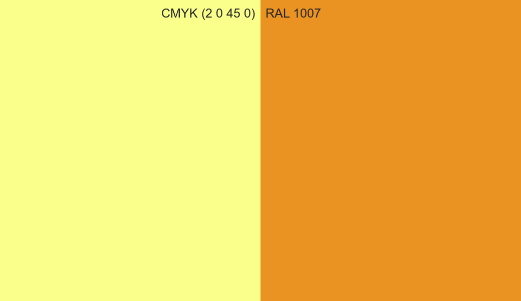 CMYK Color CMYK (2 0 45 0) vs RAL 1007 side by side comparison CMYK Color CMYK (2 0 45 0) vs RAL 1007 side by side comparison