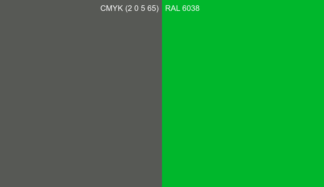 CMYK Color CMYK (2 0 5 65) vs RAL 6038 side by side comparison CMYK Color CMYK (2 0 5 65) vs RAL 6038 side by side comparison
