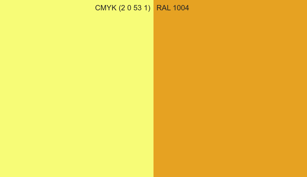 CMYK Color CMYK (2 0 53 1) vs RAL 1004 side by side comparison CMYK Color CMYK (2 0 53 1) vs RAL 1004 side by side comparison