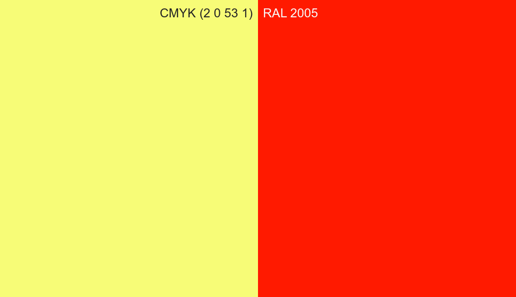CMYK Color CMYK (2 0 53 1) vs RAL 2005 side by side comparison CMYK Color CMYK (2 0 53 1) vs RAL 2005 side by side comparison