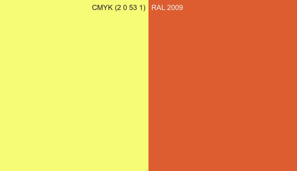 CMYK Color CMYK (2 0 53 1) vs RAL 2009 side by side comparison CMYK Color CMYK (2 0 53 1) vs RAL 2009 side by side comparison