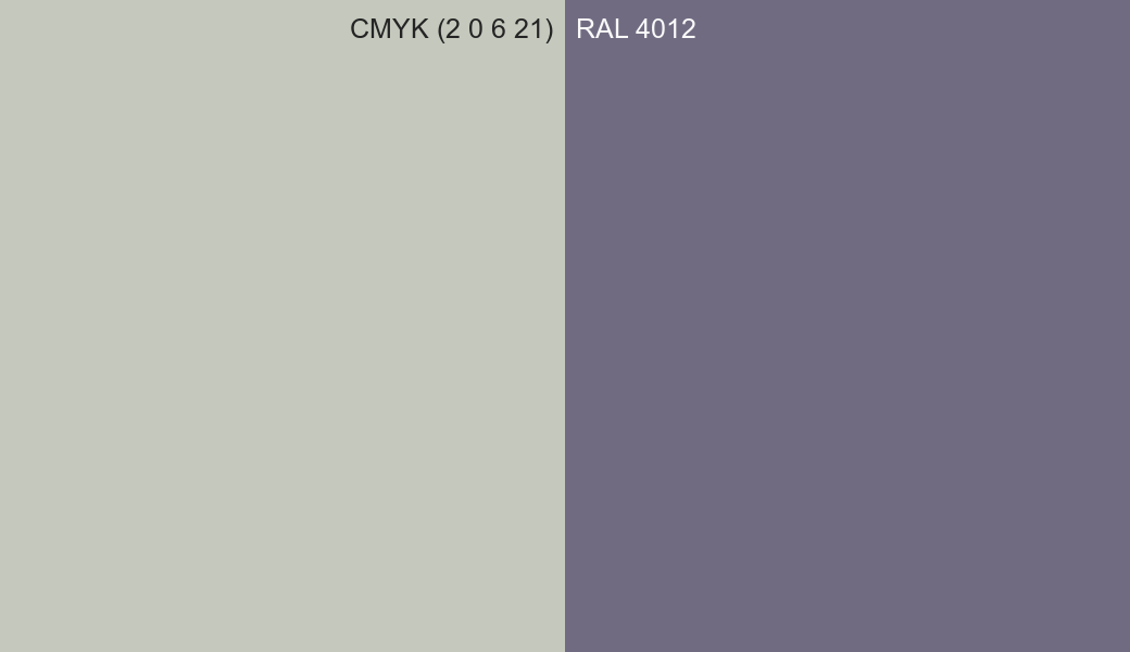 CMYK Color CMYK (2 0 6 21) vs RAL 4012 side by side comparison CMYK Color CMYK (2 0 6 21) vs RAL 4012 side by side comparison