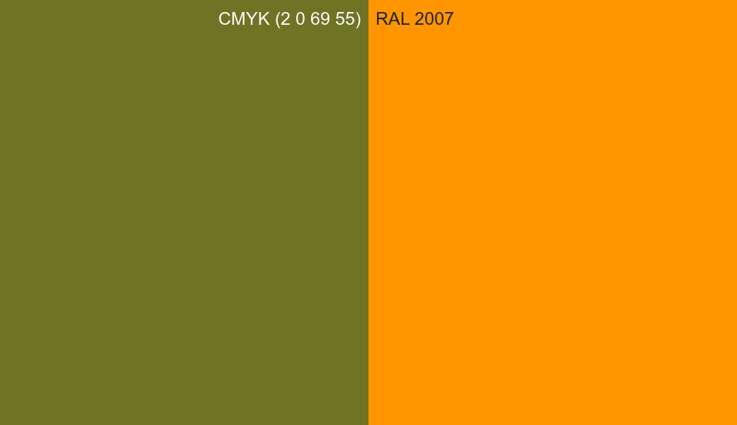 CMYK Color CMYK (2 0 69 55) vs RAL 2007 side by side comparison CMYK Color CMYK (2 0 69 55) vs RAL 2007 side by side comparison