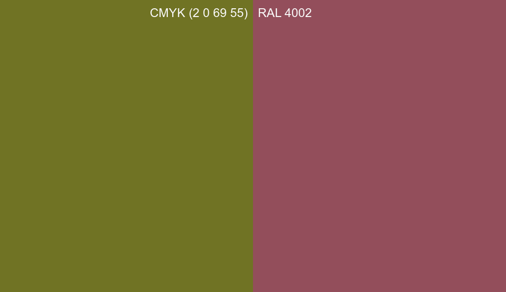 CMYK Color CMYK (2 0 69 55) vs RAL 4002 side by side comparison CMYK Color CMYK (2 0 69 55) vs RAL 4002 side by side comparison