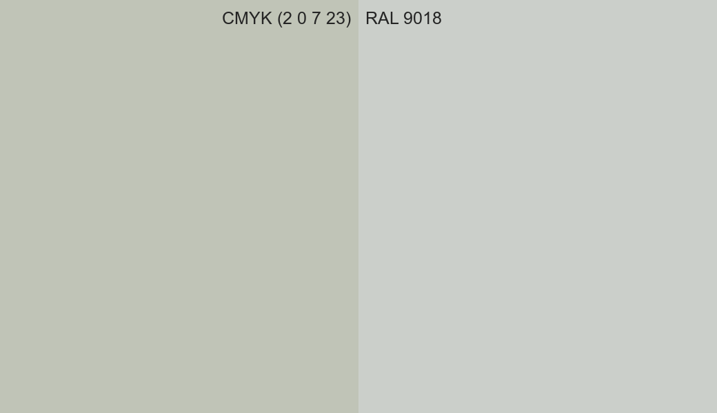 CMYK Color CMYK (2 0 7 23) vs RAL 9018 side by side comparison CMYK Color CMYK (2 0 7 23) vs RAL 9018 side by side comparison