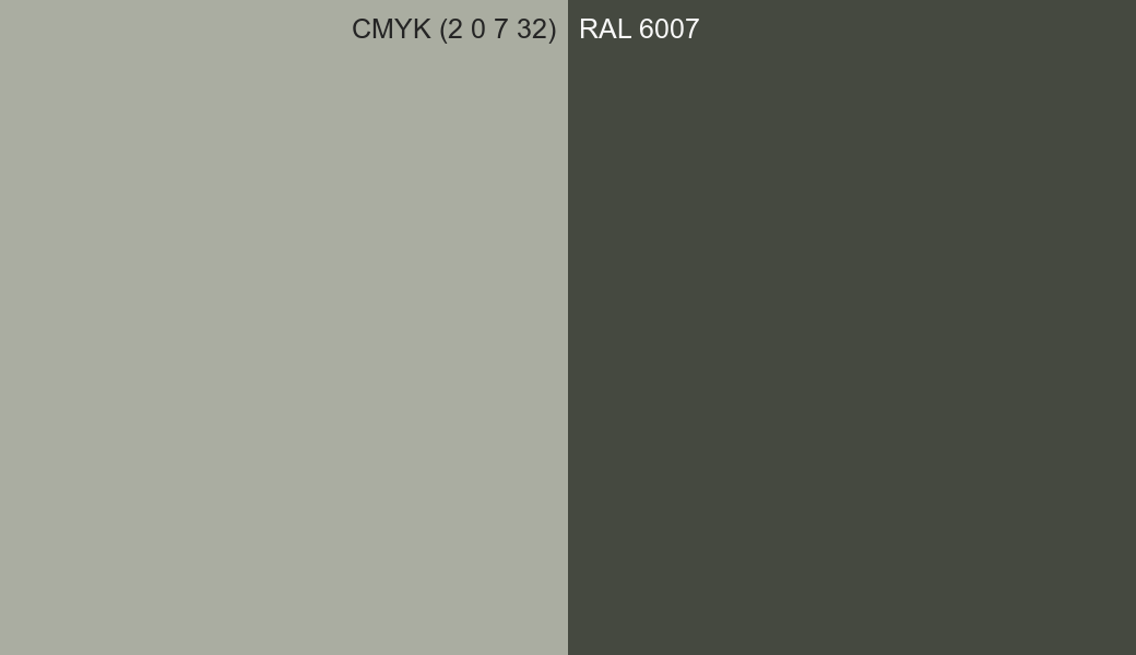 CMYK Color CMYK (2 0 7 32) vs RAL 6007 side by side comparison CMYK Color CMYK (2 0 7 32) vs RAL 6007 side by side comparison
