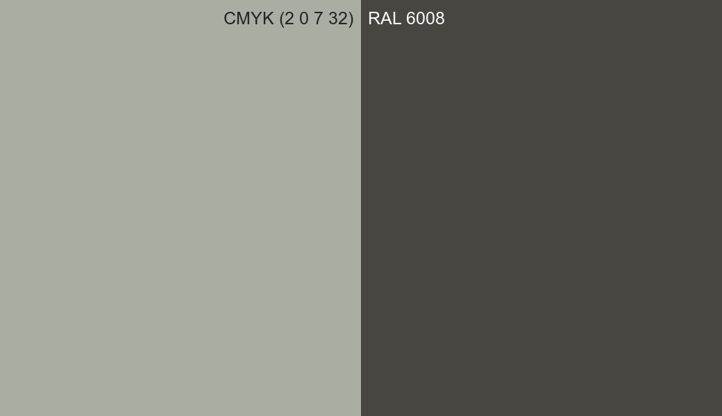 CMYK Color CMYK (2 0 7 32) vs RAL 6008 side by side comparison CMYK Color CMYK (2 0 7 32) vs RAL 6008 side by side comparison