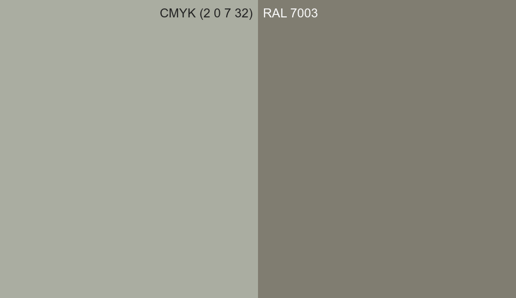 CMYK Color CMYK (2 0 7 32) vs RAL 7003 side by side comparison CMYK Color CMYK (2 0 7 32) vs RAL 7003 side by side comparison