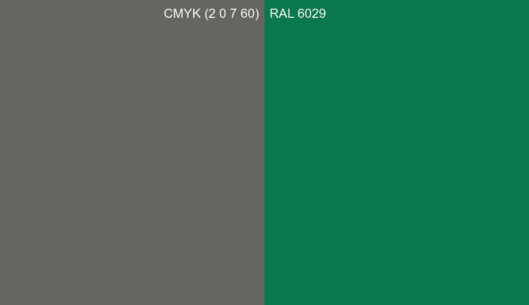 CMYK Color CMYK (2 0 7 60) vs RAL 6029 side by side comparison CMYK Color CMYK (2 0 7 60) vs RAL 6029 side by side comparison