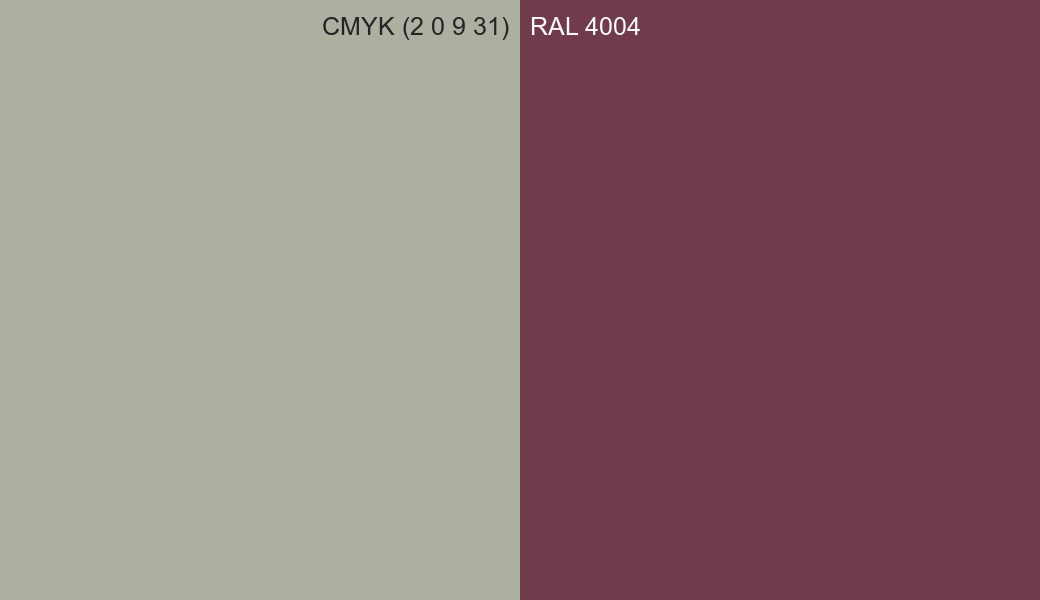 CMYK Color CMYK (2 0 9 31) vs RAL 4004 side by side comparison CMYK Color CMYK (2 0 9 31) vs RAL 4004 side by side comparison