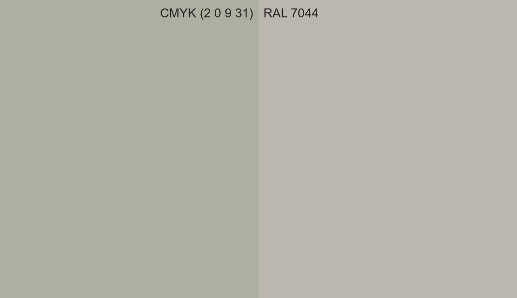 CMYK Color CMYK (2 0 9 31) vs RAL 7044 side by side comparison CMYK Color CMYK (2 0 9 31) vs RAL 7044 side by side comparison