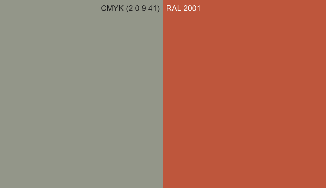 CMYK Color CMYK (2 0 9 41) vs RAL 2001 side by side comparison CMYK Color CMYK (2 0 9 41) vs RAL 2001 side by side comparison