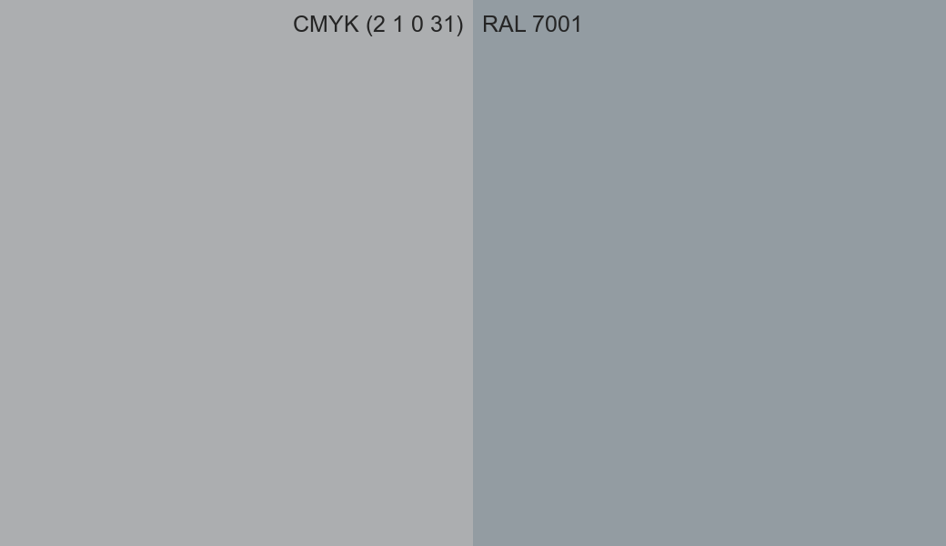 CMYK Color CMYK (2 1 0 31) vs RAL 7001 side by side comparison CMYK Color CMYK (2 1 0 31) vs RAL 7001 side by side comparison