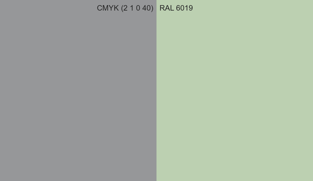 CMYK Color CMYK (2 1 0 40) vs RAL 6019 side by side comparison CMYK Color CMYK (2 1 0 40) vs RAL 6019 side by side comparison