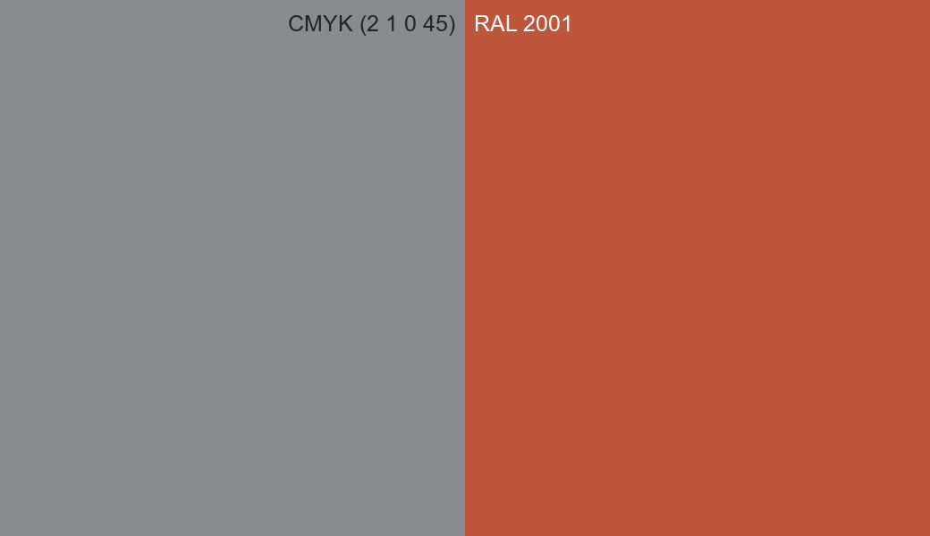 CMYK Color CMYK (2 1 0 45) vs RAL 2001 side by side comparison CMYK Color CMYK (2 1 0 45) vs RAL 2001 side by side comparison