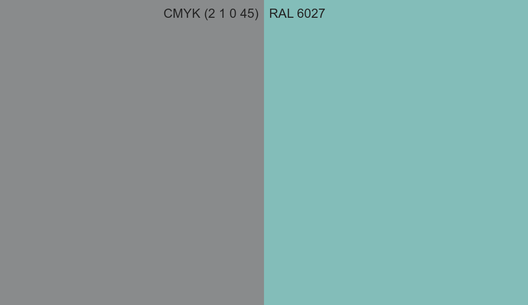 CMYK Color CMYK (2 1 0 45) vs RAL 6027 side by side comparison CMYK Color CMYK (2 1 0 45) vs RAL 6027 side by side comparison