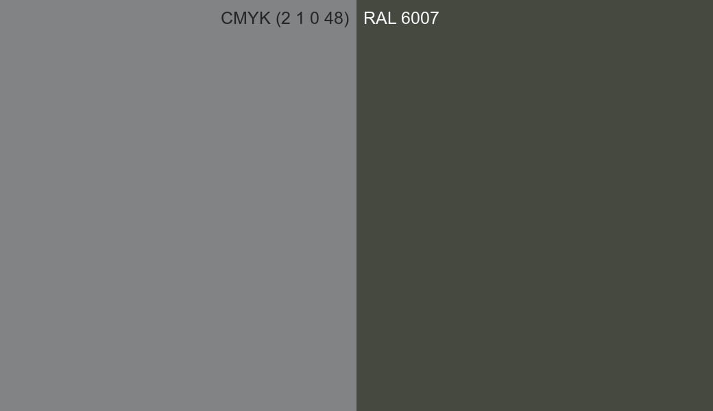 CMYK Color CMYK (2 1 0 48) vs RAL 6007 side by side comparison CMYK Color CMYK (2 1 0 48) vs RAL 6007 side by side comparison