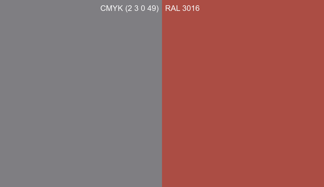 CMYK Color CMYK (2 3 0 49) vs RAL 3016 side by side comparison CMYK Color CMYK (2 3 0 49) vs RAL 3016 side by side comparison