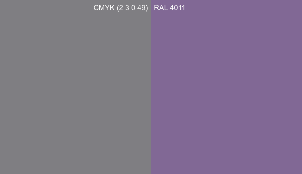CMYK Color CMYK (2 3 0 49) vs RAL 4011 side by side comparison CMYK Color CMYK (2 3 0 49) vs RAL 4011 side by side comparison