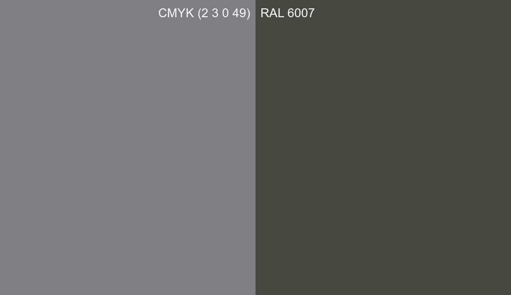 CMYK Color CMYK (2 3 0 49) vs RAL 6007 side by side comparison CMYK Color CMYK (2 3 0 49) vs RAL 6007 side by side comparison