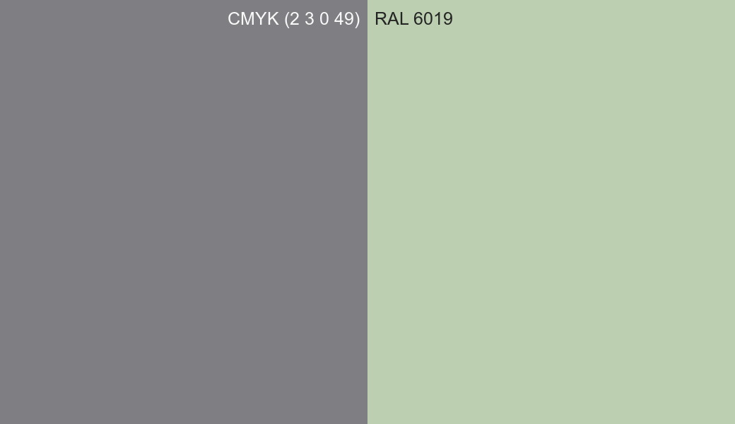 CMYK Color CMYK (2 3 0 49) vs RAL 6019 side by side comparison CMYK Color CMYK (2 3 0 49) vs RAL 6019 side by side comparison