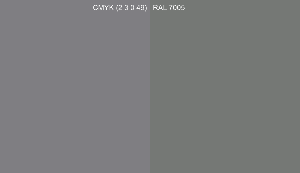 CMYK Color CMYK (2 3 0 49) vs RAL 7005 side by side comparison CMYK Color CMYK (2 3 0 49) vs RAL 7005 side by side comparison